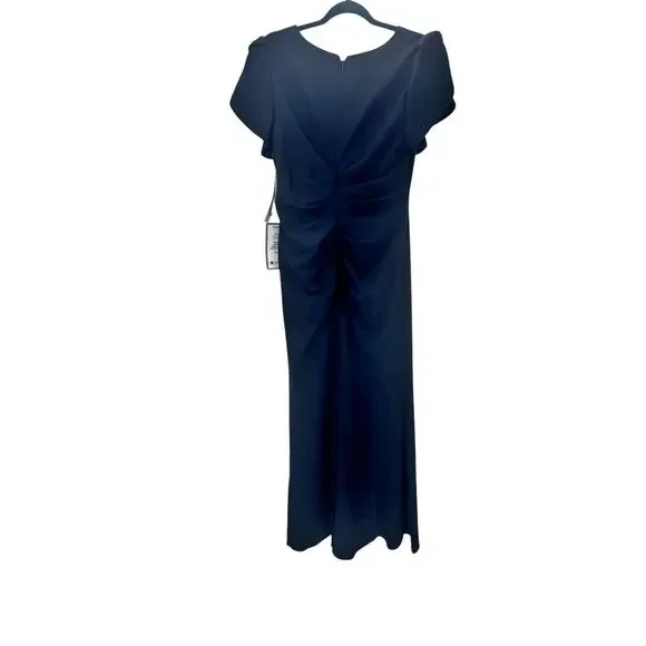 Xscape Evenings “London” Long Scuba Crepe Short Sleeve Dress Navy Size 14P NWT